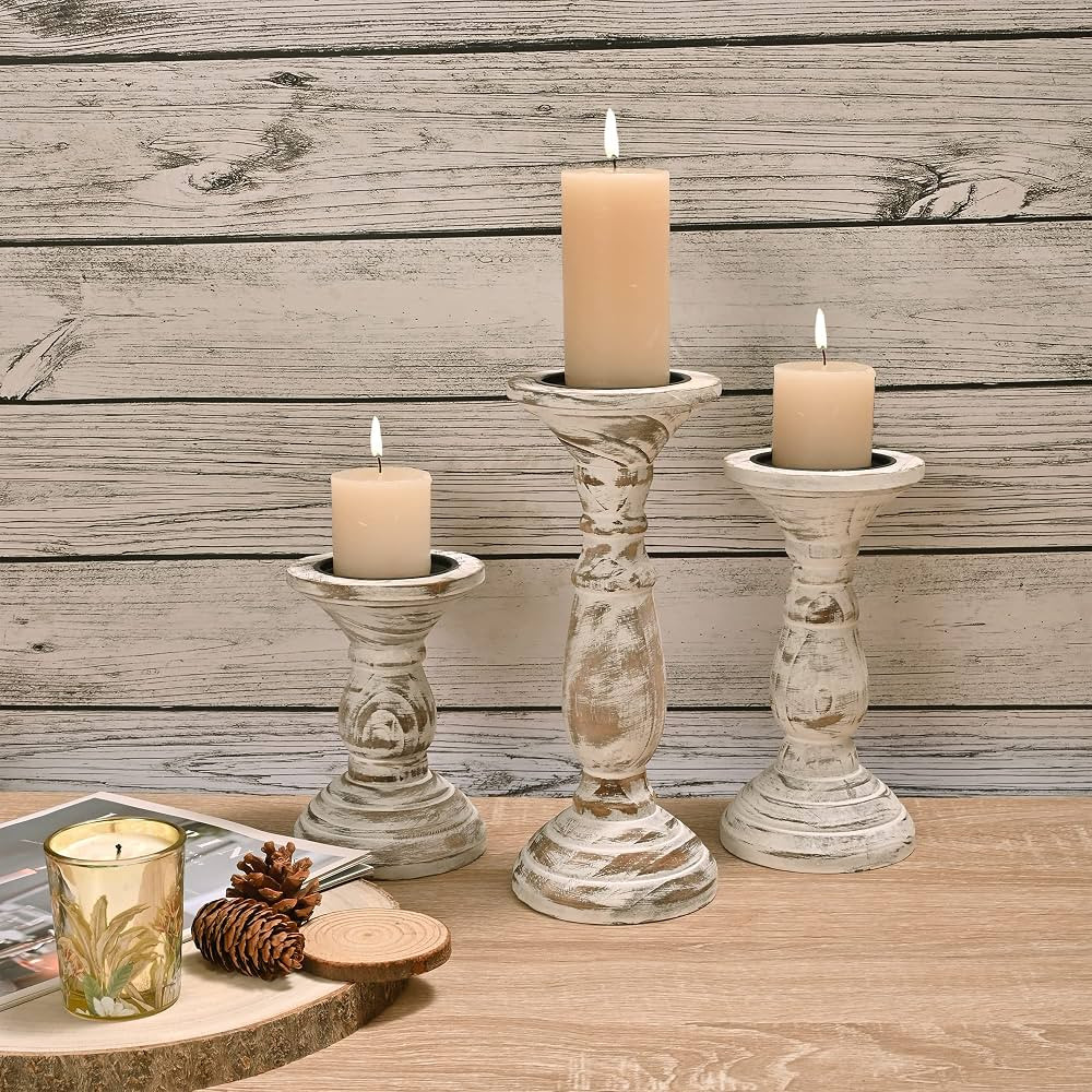 Pillar Candle Holder Set of 3, Farmhouse Decor Living Room Tall Candle Holders for Pillar Candles... | Amazon (US)