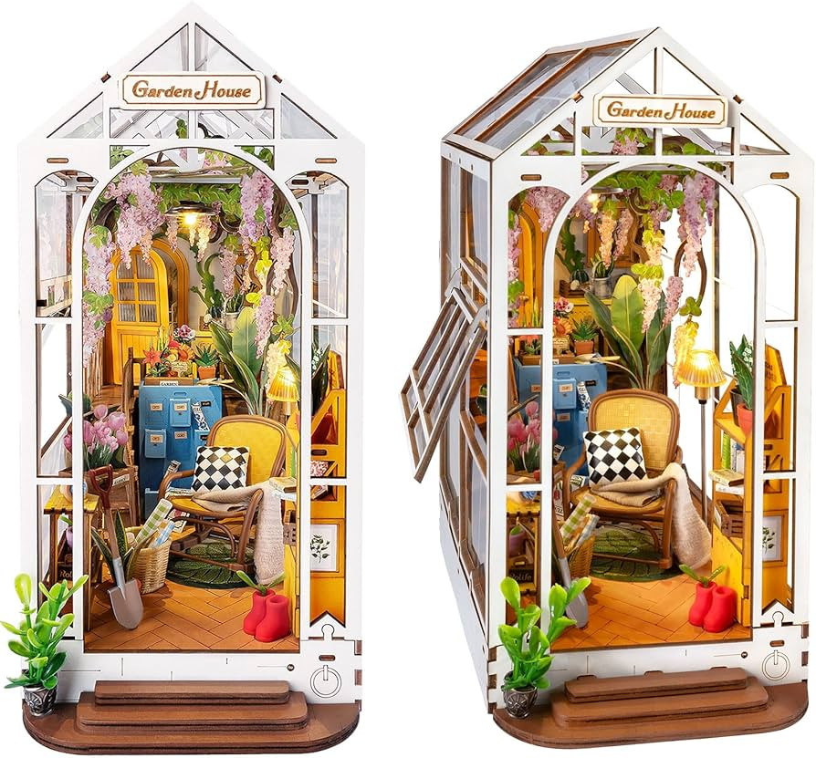 Rolife Book Nook Kit Wooden Bookcase 9.5" Garden House Miniature Kit with LED Decorative Bookends... | Amazon (US)