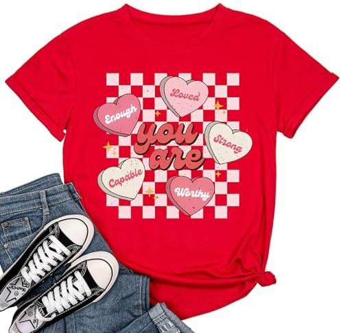 Women's Valentine Shirts Retro Candy Couple Love Heart Teacher You are Enough T-Shirt Casual Love... | Amazon (US)