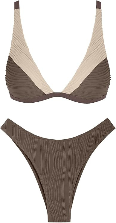 ZAFUL Bikini Sets for Women Triangle Textured Plunging High Cut Cheeky Bikini Swimsuits Two Piece... | Amazon (US)