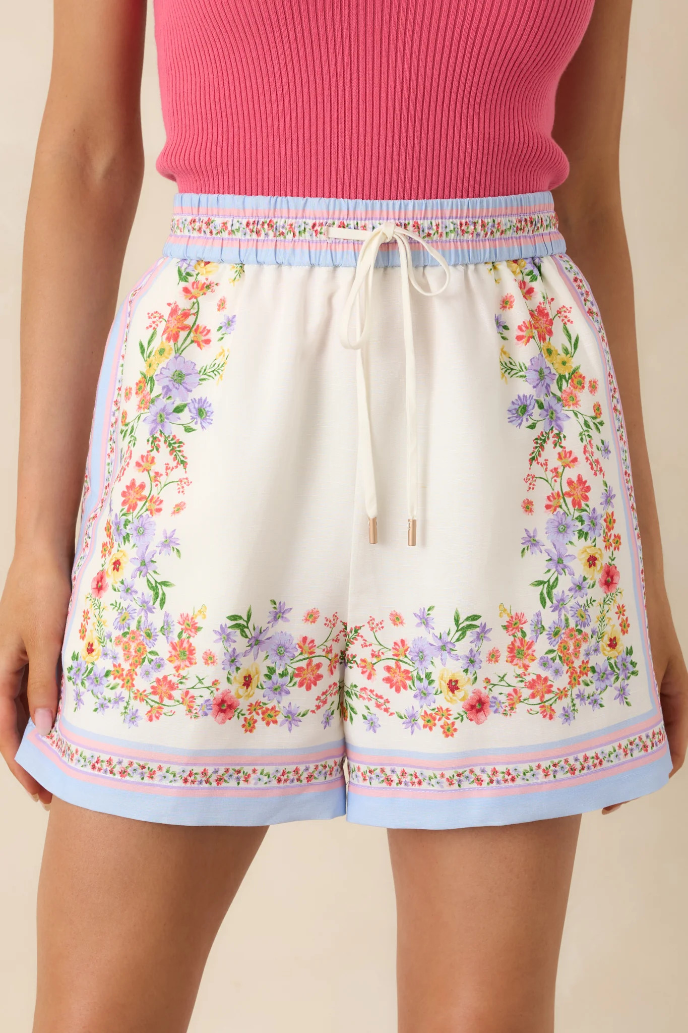 Where You Found Me Ivory Multi Floral Drawstring Shorts | Red Dress