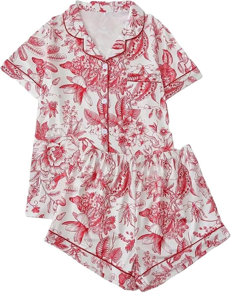Women's Summer 2pcs Button Front Shortsleeve Lapel Shirt & Shorts Pajama Set, Casual All Over Pri... | Amazon (US)