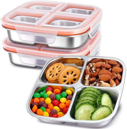 KTKUDY 3 Pack Stainless Steel Snack Containers - Divided Bento Snack Box - 4 Compartment Meal Prep Lunch Containers for Kids Daycare, School, Work, Travel | Amazon (US)