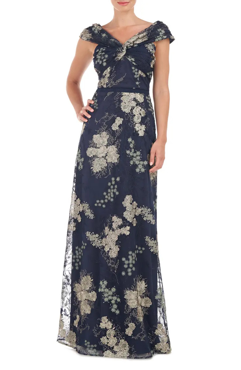JS Collections Camilla Twist Floral Embroidered A-Line Gown | Nordstrom | Nordstrom