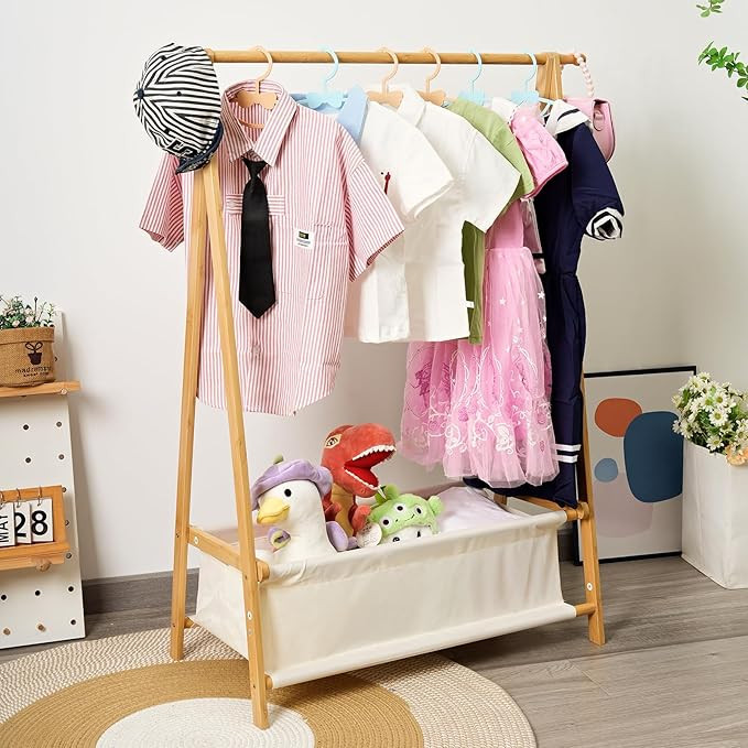 Bamboo Kids Clothing Rack with Storage Box - Foldable,Kids Dress Up Rack with Hooks & Rod, Organi... | Amazon (US)