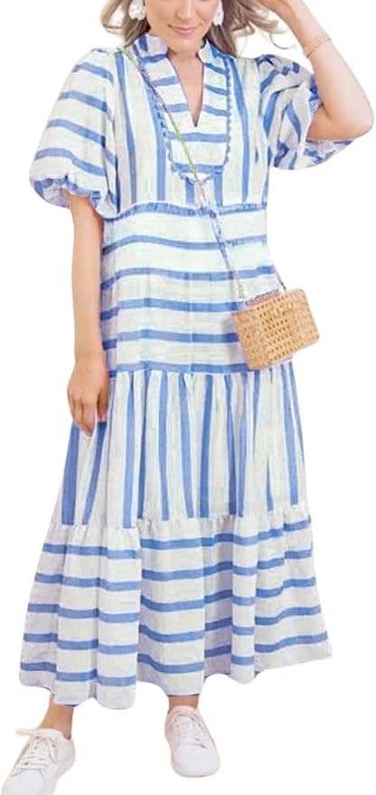 chouyatou Women's Summer Puff Sleeve Striped Midi Long Dress Notch Neck A-Line Tiered Boho Beach ... | Amazon (US)
