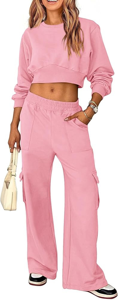 PRETTYGARDEN Womens Fall 2 Piece Outfits Sweatsuits Sets Long Sleeve Crop Tops Sweatshirt Wide Le... | Amazon (US)
