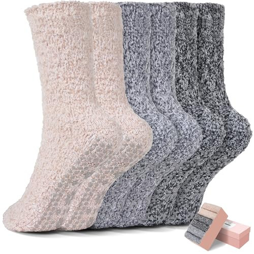HUGSWEET 6 Pairs Thick Fuzzy Socks with grips for Women, Non Slip Socks | Amazon (US)