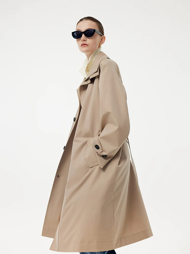 Abrigo de trench para mujer impermeable de mezcla de lana worsted con cinturón | GOELIA