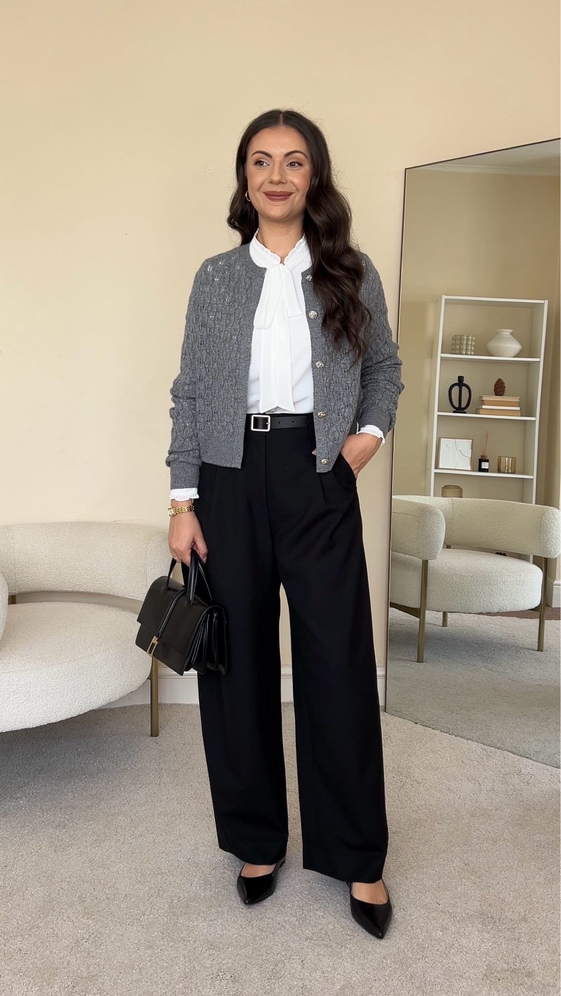 Smart casual transitional outfit. Summer to autumn. Blouse is Goelia, wearing size S. Cardigan is Goelia wearing size S. Trousers are Goelia, wearing size W28/UK10.

#LTKeurope #LTKuk #LTKautumn