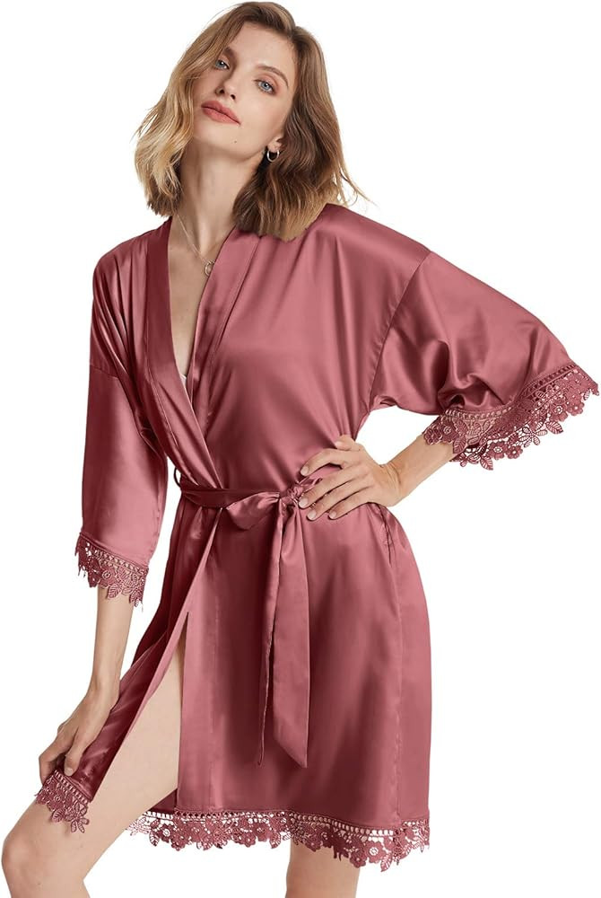 AW BRIDAL Women's Silk Robe Satin Robe with Lace Trim∣Bridal Party Robe Bridesmaids Robes Bride... | Amazon (US)