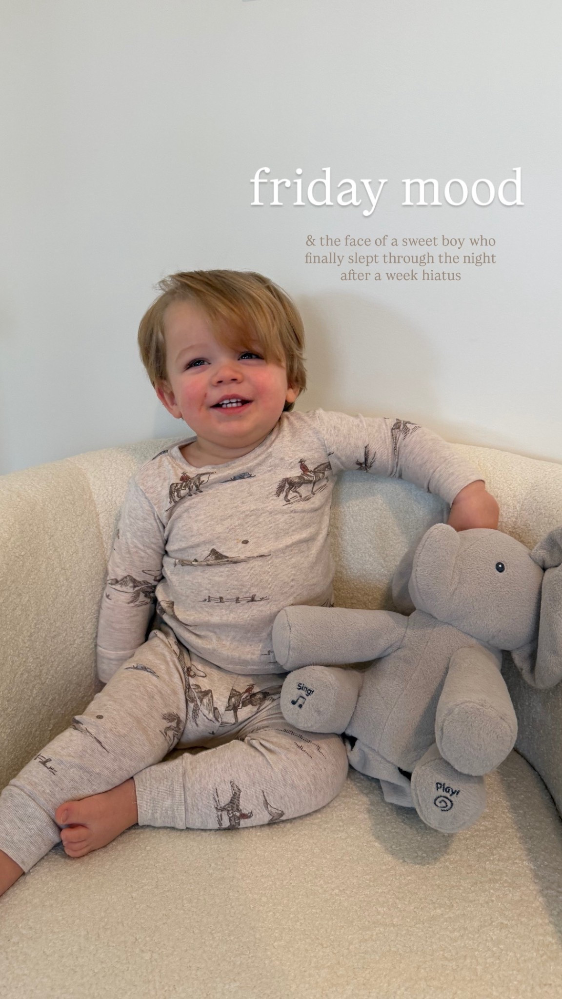 linking Banksy’s cowboy pjs and our new chair for the playroom! Also he’s obsessed with this singing elephant 🥹 we got this for him forever ago and he plays with it nonstop 

#LTKBaby #LTKKids #LTKmomlife