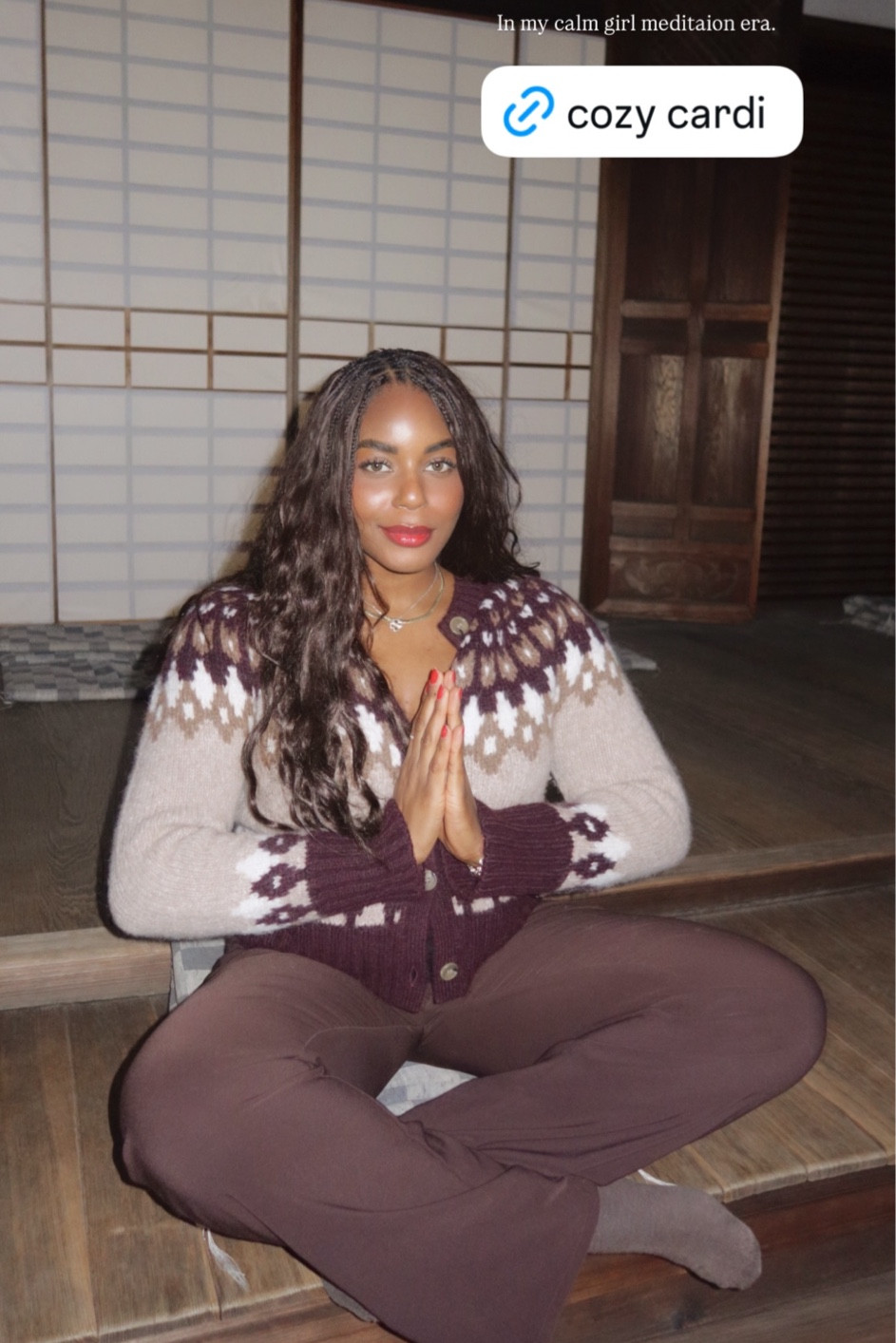 In my calm, meditation era while wearing the coziest winter cardigan sweater from Veronica beard. It’s so warm and perfect for casual winter style - ski trips, weekend relaxing, travel etc! .. For more links to women’s button-down cardigan, universal thread, stripes uk, melissa murrell, wedding guest dress, stripe deutschland, georgia louise1, courtney wears, sisterstudio, fall wedding guest dress, follow me on LTK! ✨