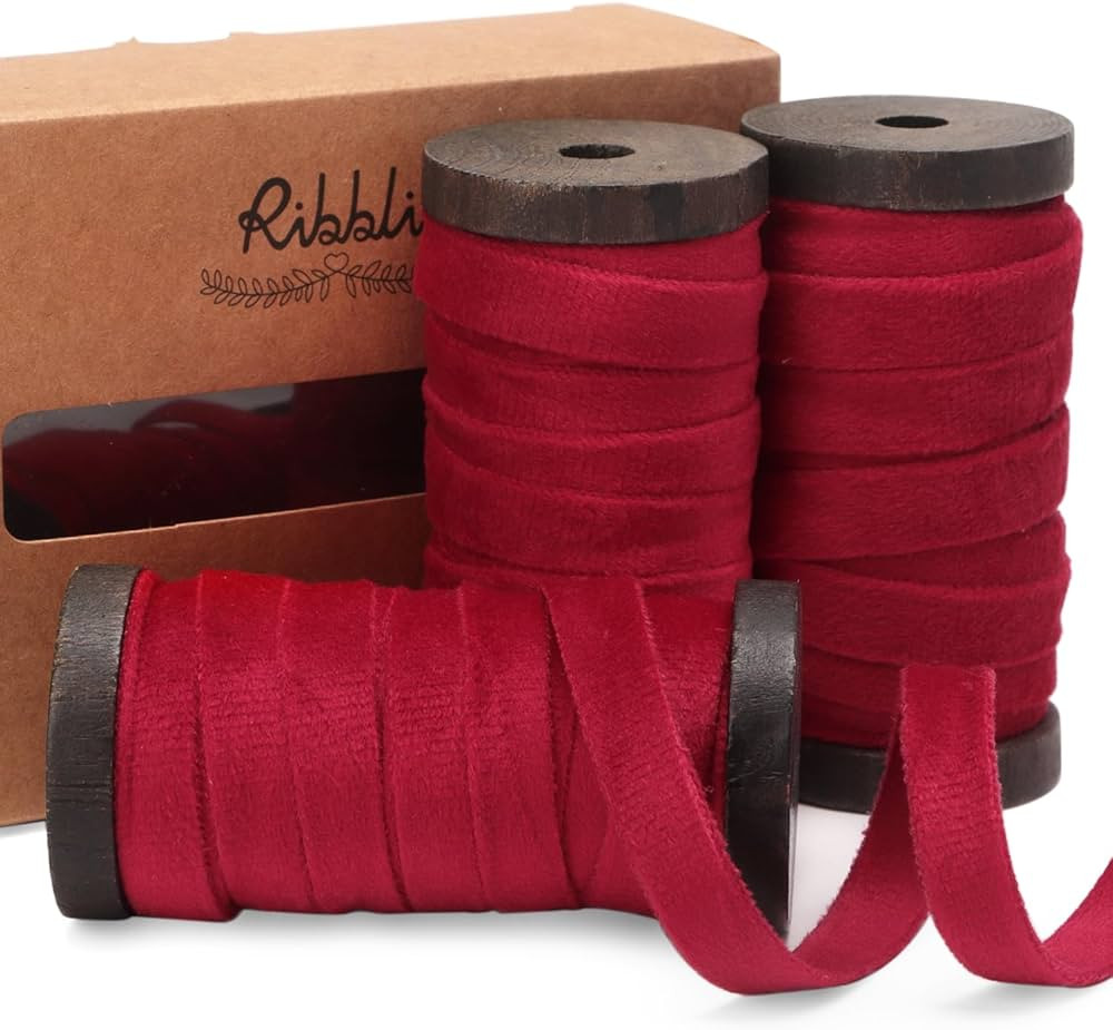 Ribbli Vintage Red Velvet Ribbon 3 Rolls Double Faced 3/8 Inch 18-Yard with Wooden Spool Use for ... | Amazon (US)