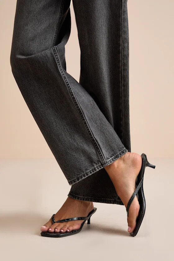 Massima Black Croc-Embrossed Kitten Heel Thong Sandals | Lulus