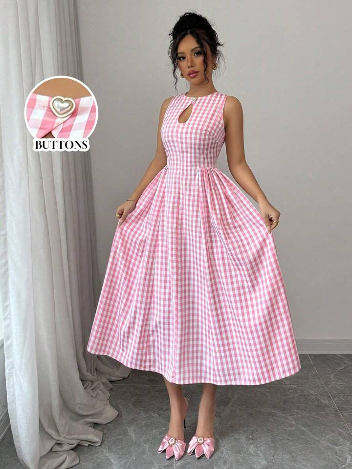 SHEIN Raffinéa Women's Casual Plaid Heart Accent Button Sleeveless Flared Hem Midi Dress, Easter... | SHEIN