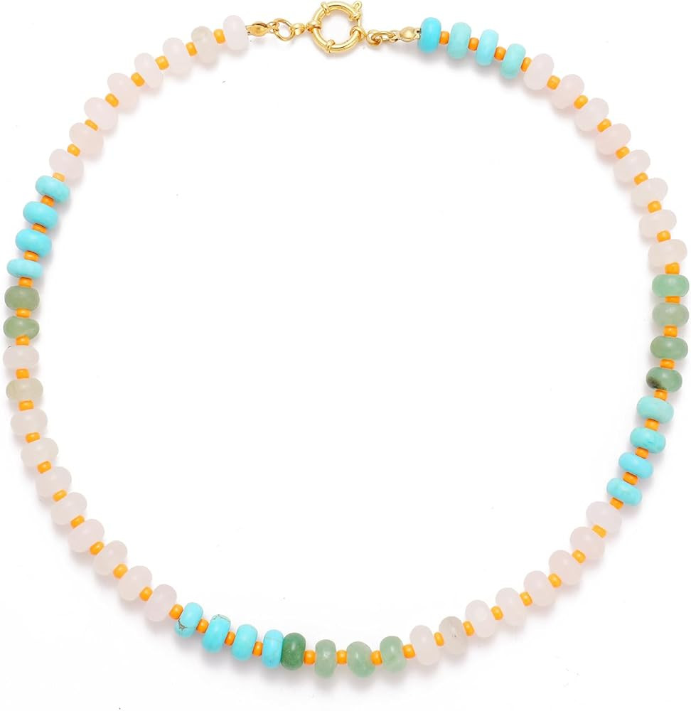 Natural Stone Beaded Necklaces for Women, Boho Colorful Gemstone Choker Necklace women, 14K Gold ... | Amazon (US)