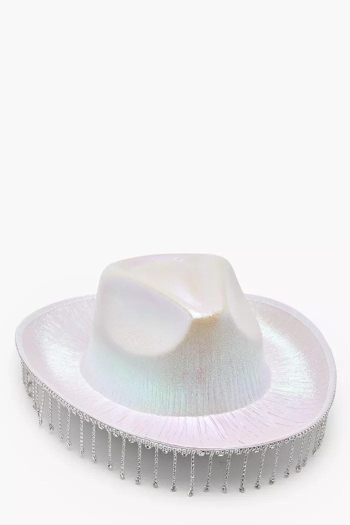 White Diamante Tassel Trim Cowboy Hat | Boohoo.com (US & CA)