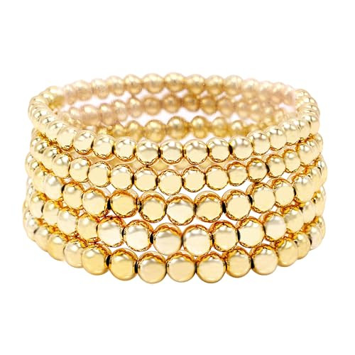 Cryshimmer Gold Bead Bracelet for Women Gold Plated Bead Ball Bracelet Stretchable Elastic Bracelets Set(5mm+6mm) | Amazon (US)