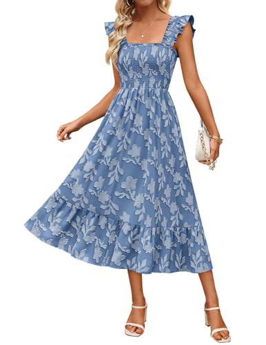 MEROKEETY Women's Summer Boho Midi Dress 2026 Casual Floral Square Neck Sleeveless Smocked Flowy Ruffle Beach Long Dresses, Dustyblue, X-Large | Amazon (US)