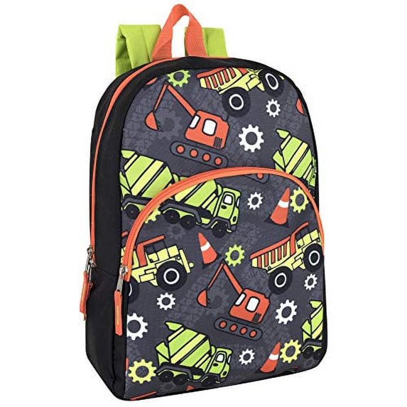 15 Inch Fun Printed Backpack with Front Zippered Pockets in Construction Trucks | Walmart (US)