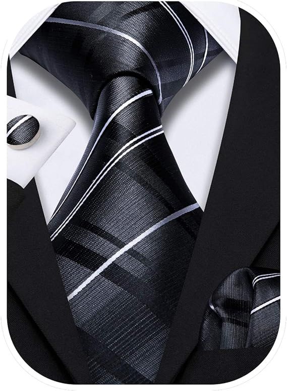 Barry.Wang Stripe Men Ties Set Classic WOVEN Necktie with Handkerchief Cufflinks Formal | Amazon (US)