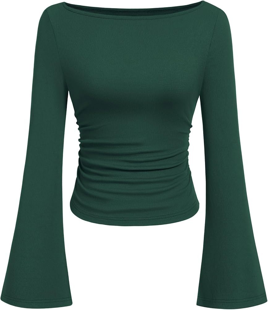 PRETTYGARDEN Womens Long Sleeve Shirts 2026 Spring Crop Going Out Tops Casual Boat Neck Bell Slee... | Amazon (US)