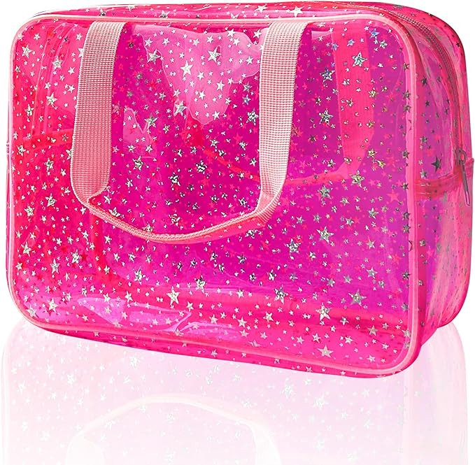Hot Pink Star Large Cosmetic Bag 12x5x8 inch Travel Pouch with Handle,Durable PVC Material,Zipper... | Amazon (US)