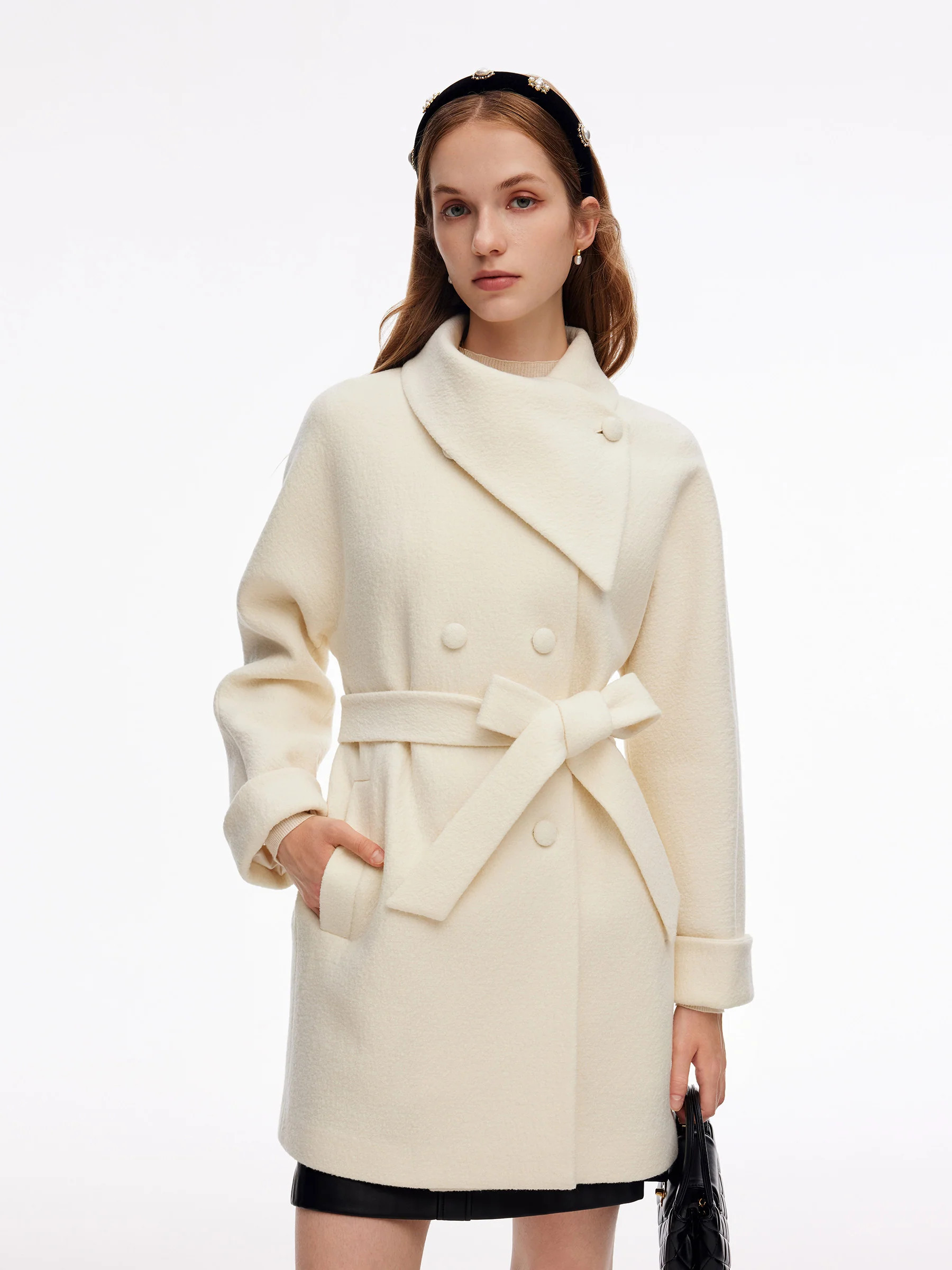 100% Wool Self-Tie Belt Women Coat - Off White / L | GOELIA