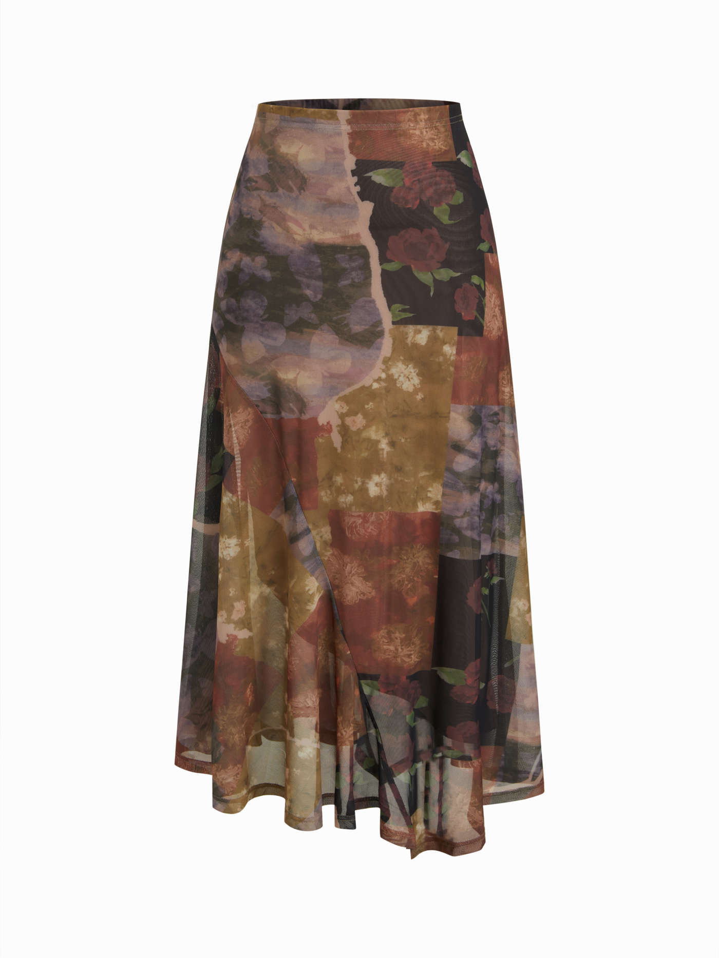 Mesh Mesh Mid Rise Abstract Graphic Floral Asymmetrical Hem Maxi Skirt For Daily Casual | Cider