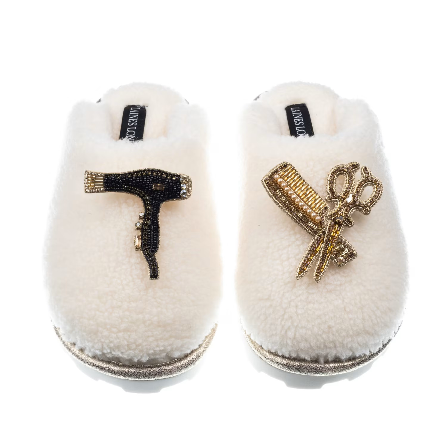 Teddy Closed Toe Slippers With Hairdresser Brooches - Cream | Wolf & Badger