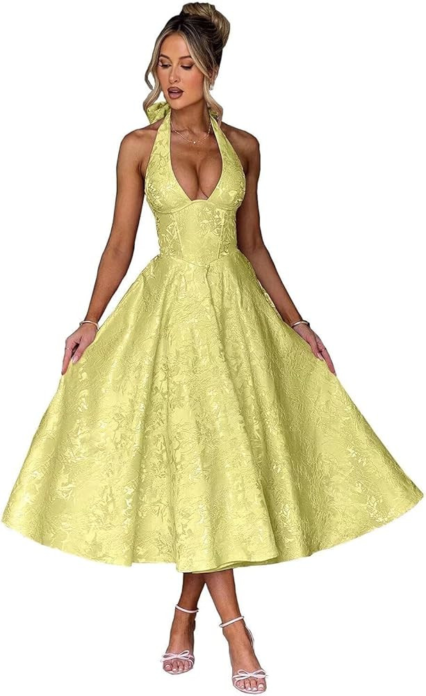 Bow Tea Length Prom Dress for Women Embroidery Satin Evening Party Gown A Line Corset Cocktail Dr... | Amazon (US)