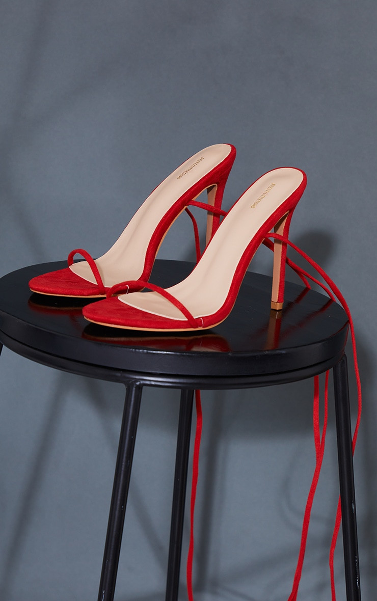 Red Wide Fit Faux Suede Round Toe Barely There Strappy Heeled Sandals | PrettyLittleThing US