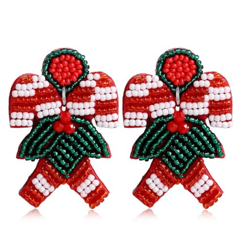 Christmas Candy Cane Earrings for Women - Cute Handmade Beaded Dangle Holiday Jewelry, Christmas Outfits Accessories Xmas Gifts (Candy Cane) | Amazon (US)