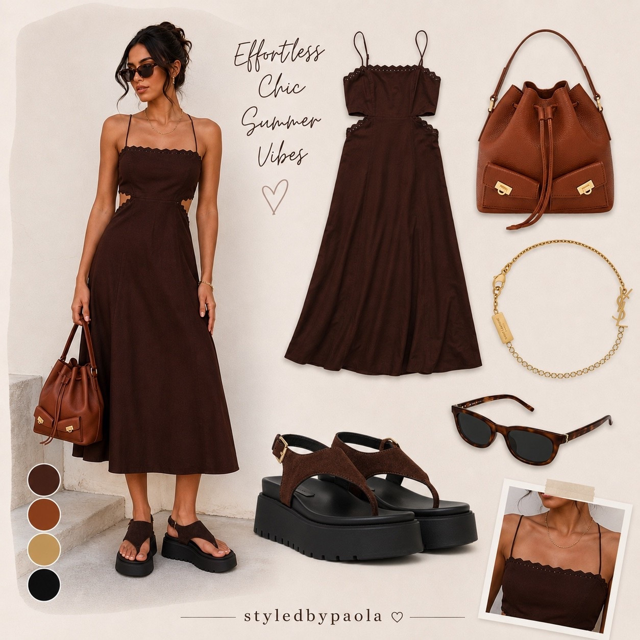 The rich chocolate brown trend is having a moment 🤎✨ This effortless look combines a flattering midi dress, statement platform sandals, and luxe cognac accessories for the perfect elevated summer outfit. Follow @styledbypaola for more curated fashion finds.

#LTKU #LTKootd #LTKSeasonal