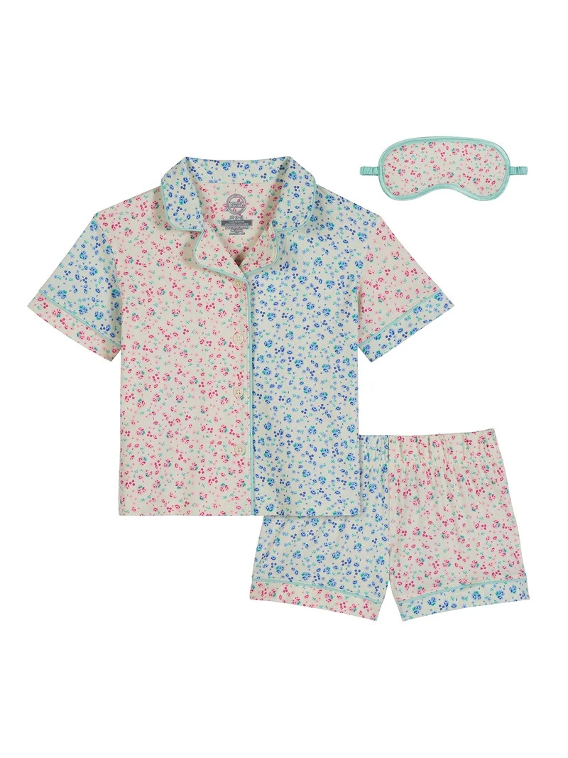 Wonder Nation Girls Short Sleeve Button Front Pajama Top and Shorts Set with Eyemask, 3-Piece, Si... | Walmart (US)