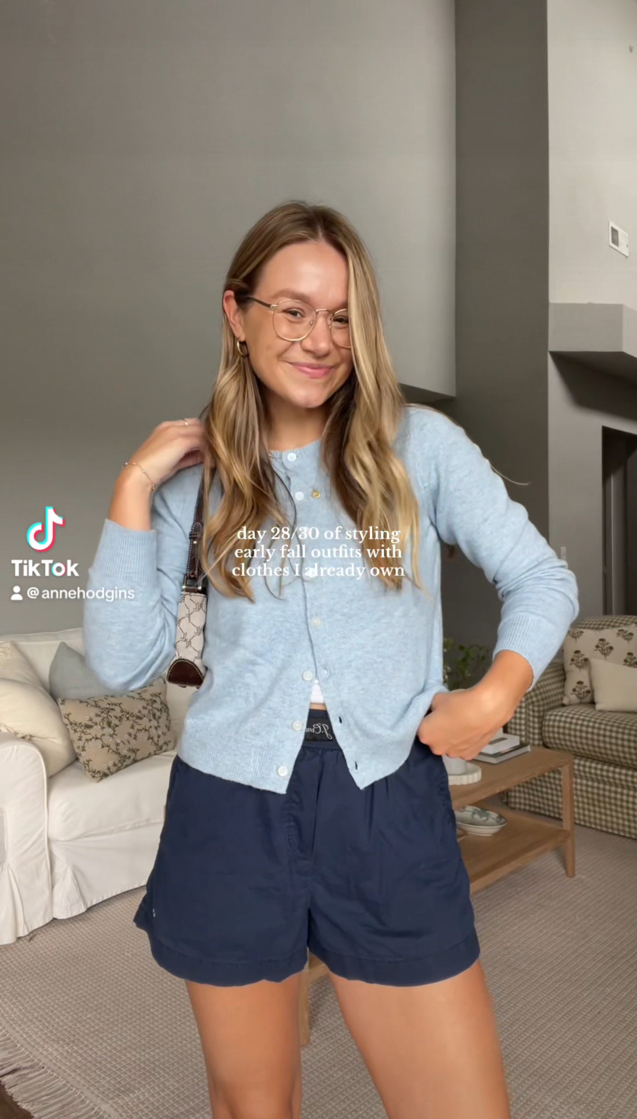 Cardigan is old navy, wearing size medium. Shorts are Jcrew, wearing size small. Bag is vintage Ralph Lauren. Glasses are Eyebuydirect. Shoes are Adidas (wearing men’s size 7, typically a woman’s 8.5-9)