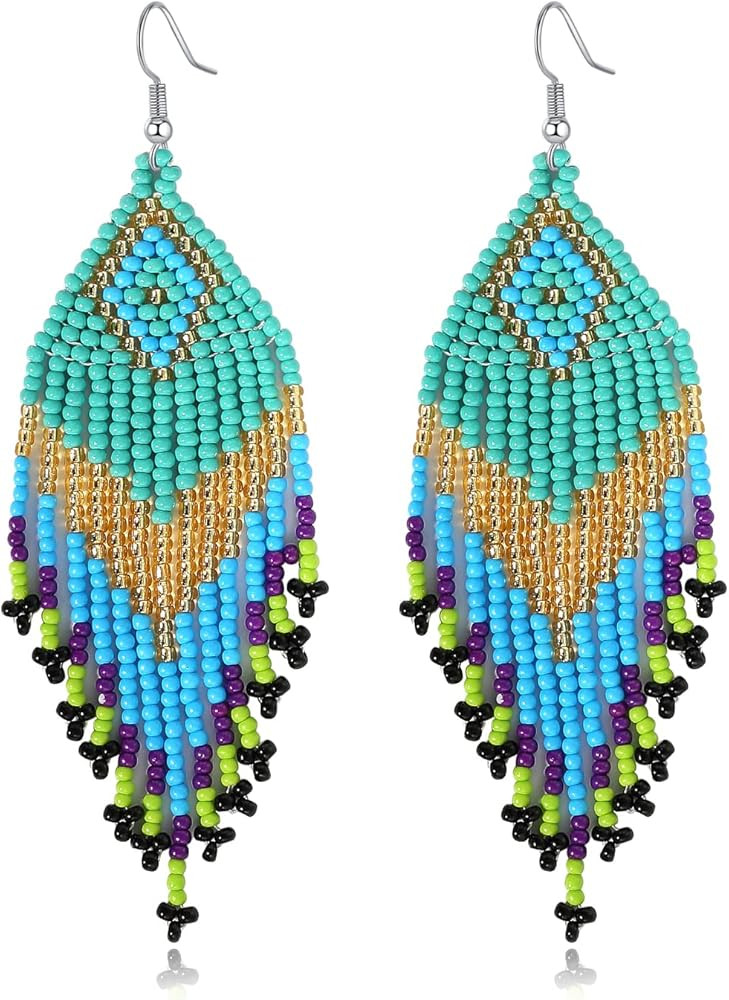 Bohemian Large Long Tassel Beaded Earrings Handmade Boho Native Statement Big Fringe for Women | Amazon (US)