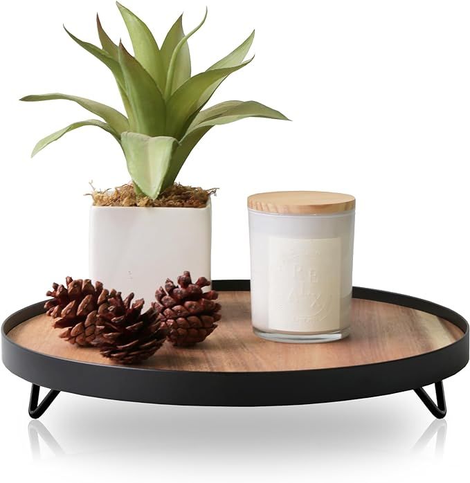 Round Decorative Tray,Acacia Wood Tray with Metal Ring,Coffee Table Tray for Home Decor,Counterto... | Amazon (US)