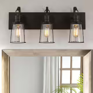 Uolfin Farmhouse Rustic Oil-Rubbed Bronze Vanity Light, 22 in. 3-Light Cage Bathroom Wall Sconce ... | The Home Depot