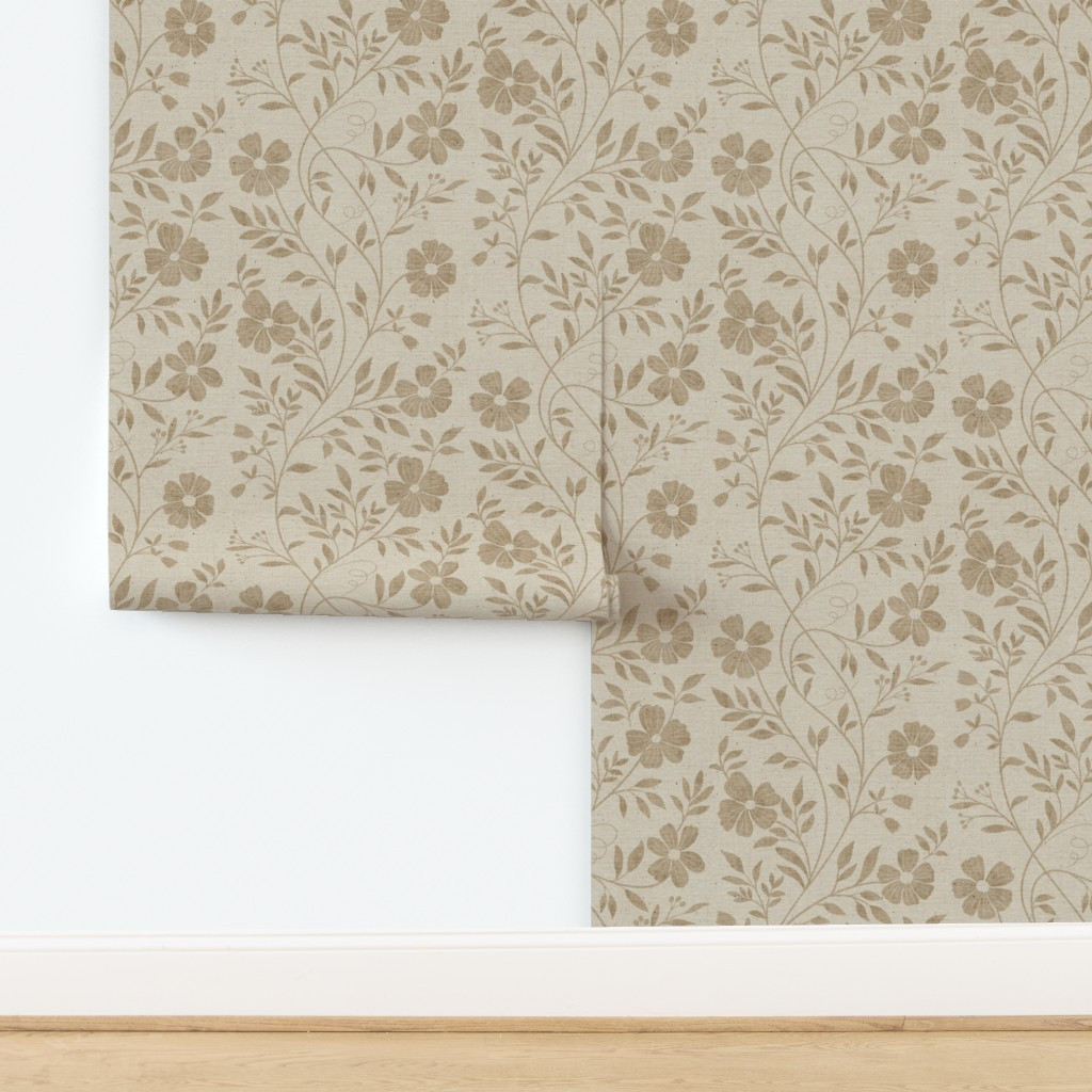 Wallpaper in L Cream linen vines with warm brown floral print for rustic farmhouse decor | Spoonflower