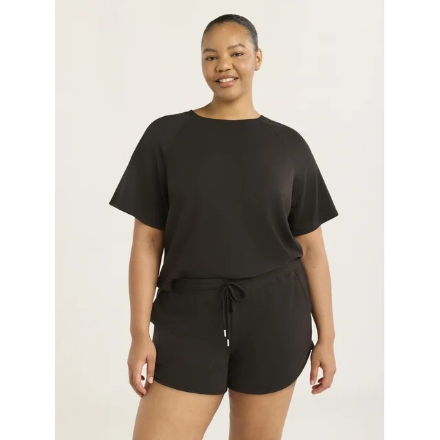 Joyspun Women's French Terry Short Sleeve Top and Shorts Set, 2-Piece, Sizes XS-3X | Walmart (US)