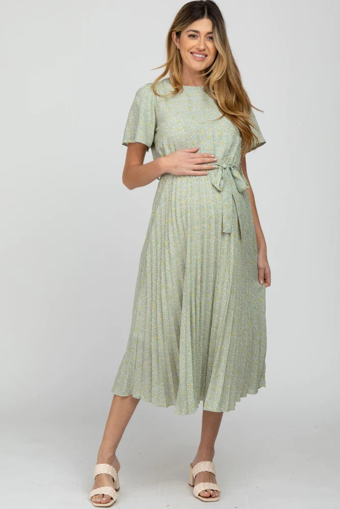 Mint Green Floral Pleated Maternity Midi Dress | PinkBlush Maternity