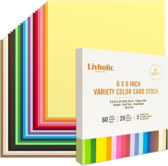 6x6 Inch Sqaure Solid Core Colored Cardstock 80 Pound 20 Assorted Colors Card for Scrapbook, Craf... | Amazon (US)