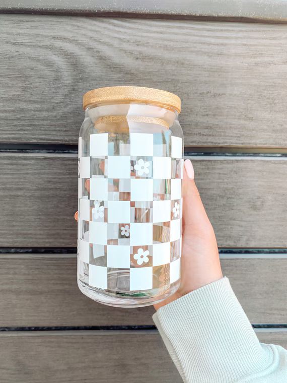 Retro Checkered Glass Cup Iced Coffee Glass Cup Retro | Etsy | Etsy (US)