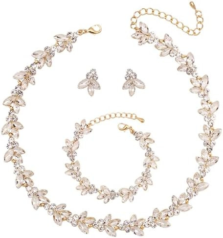 Bridal Wedding Crystal Leaf Choker Necklace Dangle Earring Bracelet Brides Bridesmaid Jewelry Set... | Amazon (US)