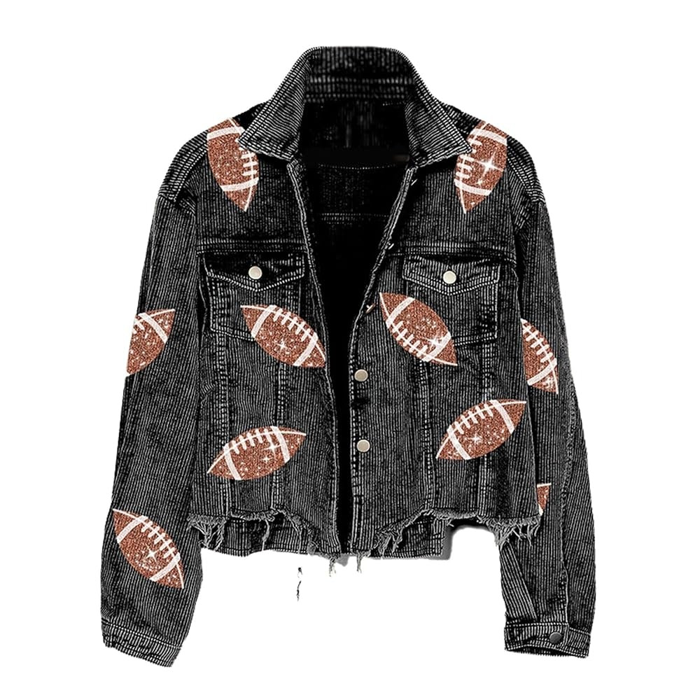 Xunger Women’s Football Corduroy Sequin Jacket Cropped Distresses Rugby Patched Shacket Coat | Amazon (US)