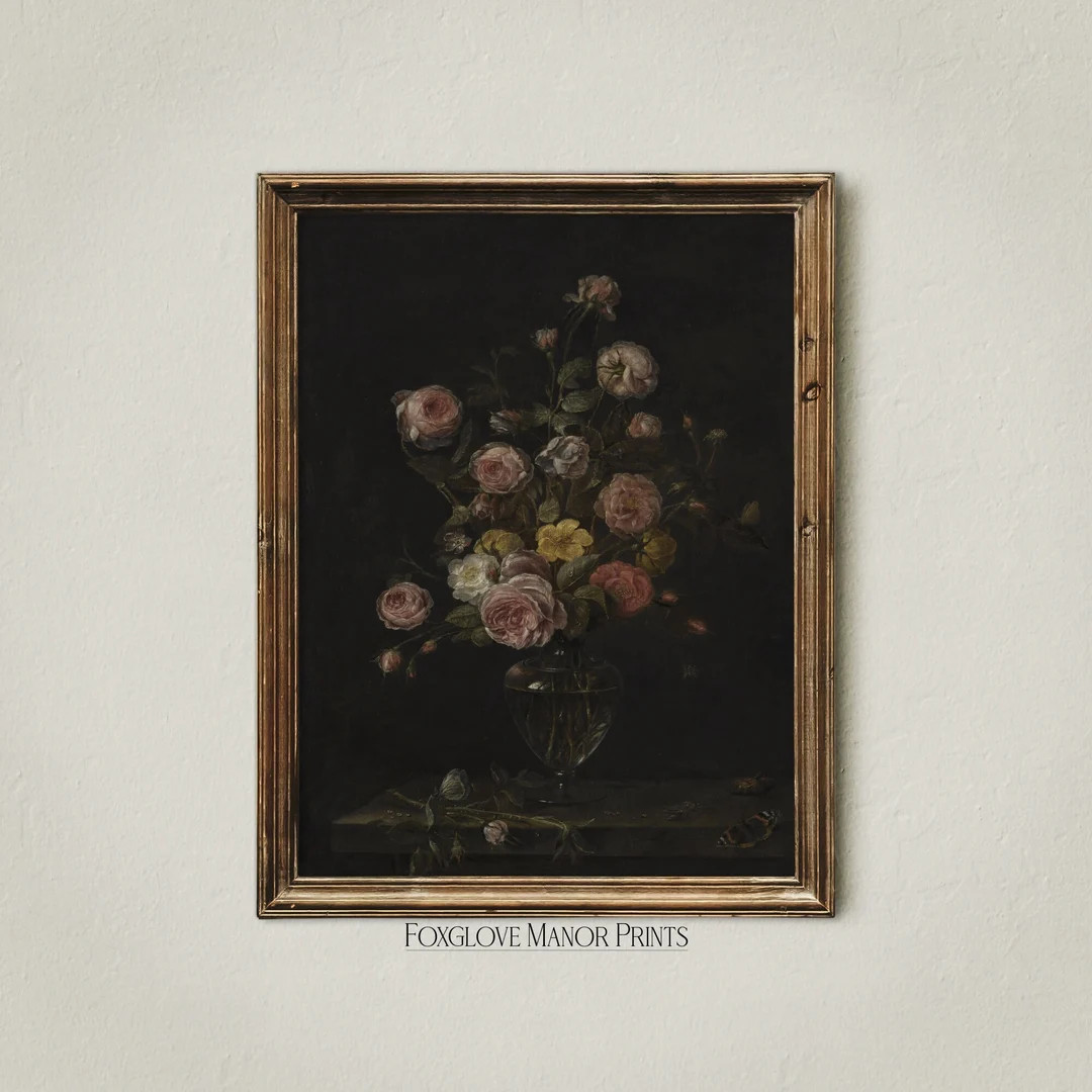 Printable Vintage Floral Moody Still Life Painting, Dark Botanical Art Print, Antique Roses in Va... | Etsy (US)