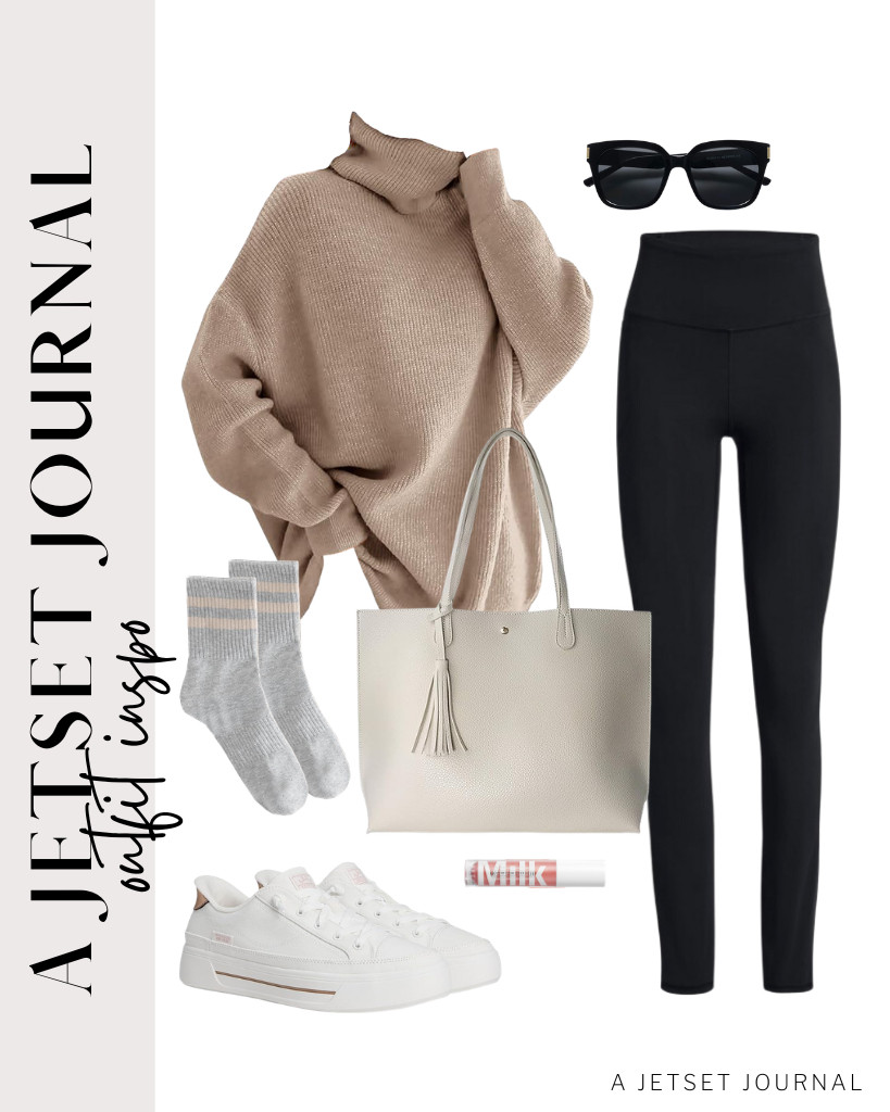 You will love to keep this khaki turtleneck sweater and black leggings combo on repeat! Pair it with cute Skechers Bobs and a trendy leather tote bag that can fit all your essentials. 

 #LTKSeasonal #LTKSaleAlert #LTKTravel