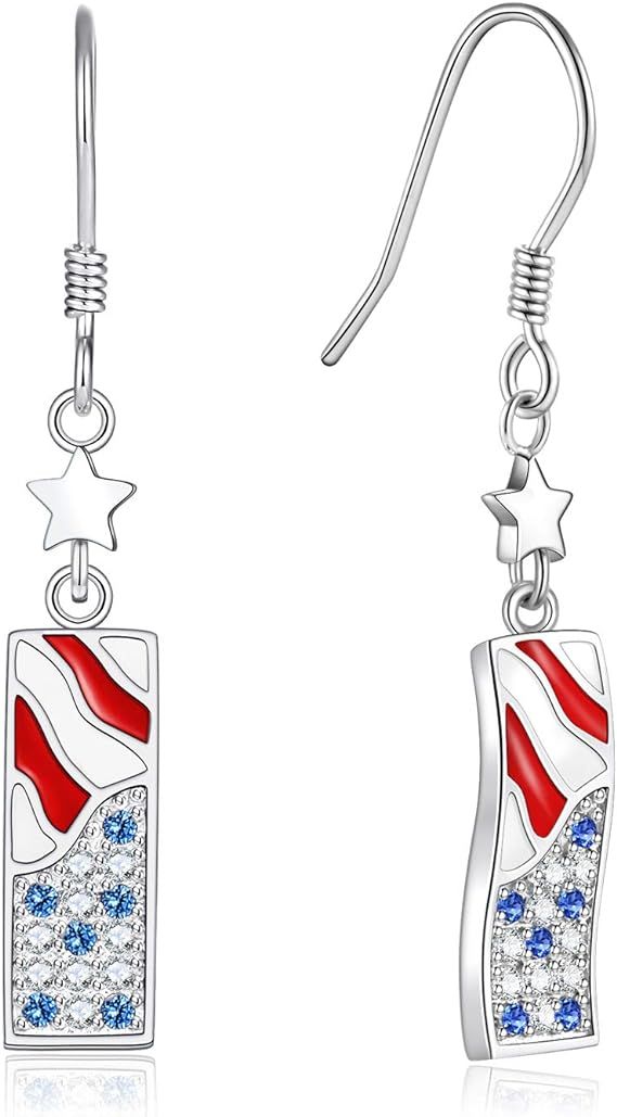 USA Flag Dangle Earrings for Women: 925 Sterling Silver American Patriotic Red White and Blue Sta... | Amazon (US)